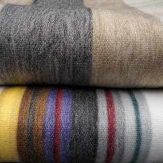 Plaid med alpacauld – Happy Llama Fairtrade (Beige, brun, grå, grøn, gul samt hvid stribet)