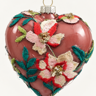 Smukt glashjerte med blomsterbroderi